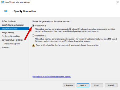 Virtual machine wizard with an arrow pointing to the Generation 1 option near the top.